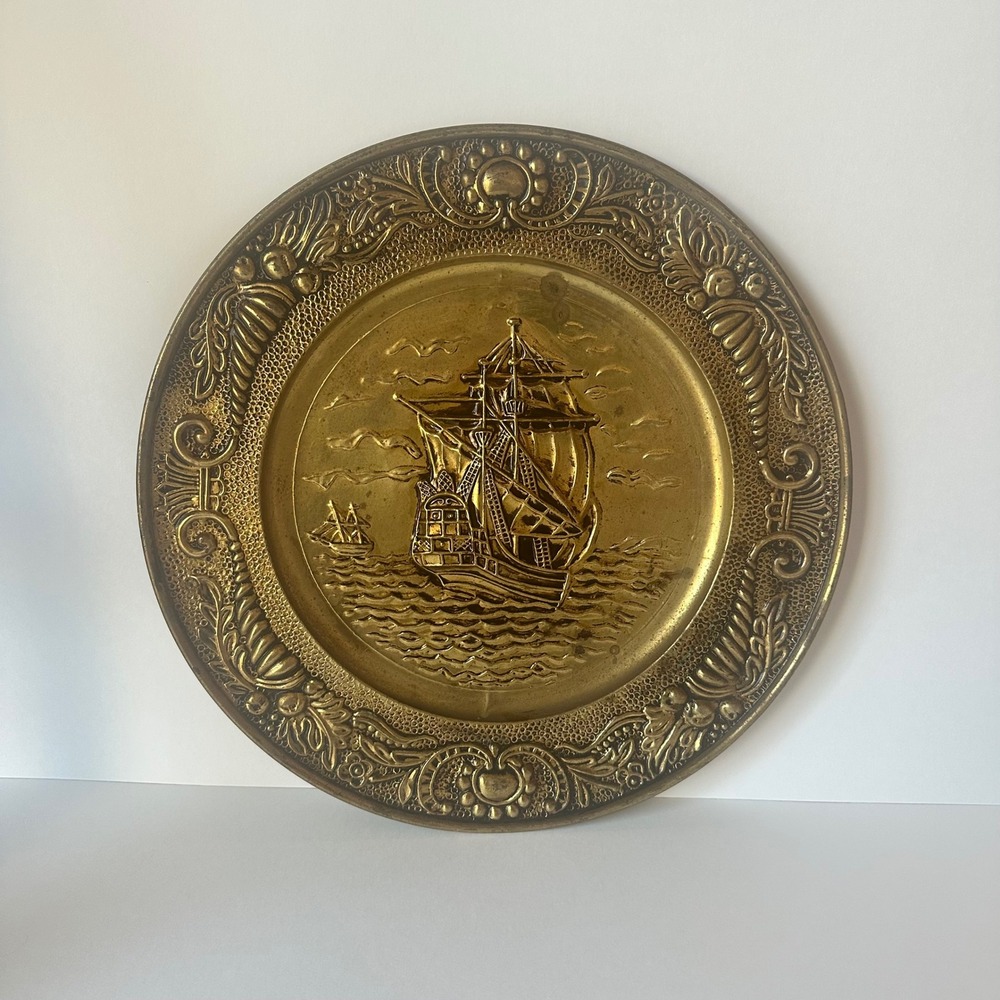 Vintage Embossed Brass Wall Hanging Plate Sailing Ship Nautical Decor 12 Inch